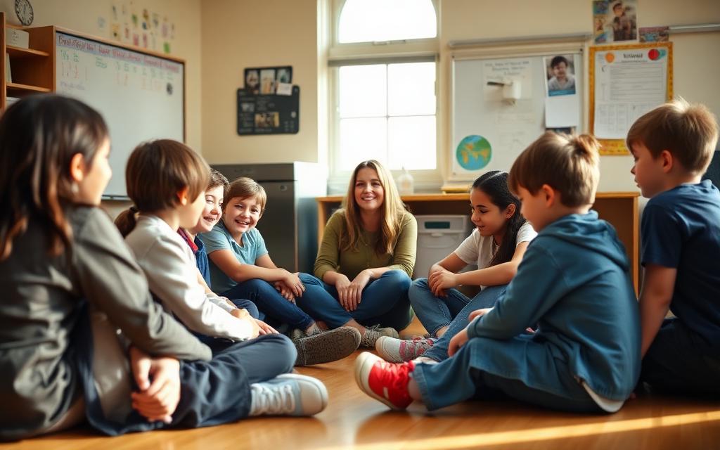A teacher sitting on the floor in a circle with her students, all laughing together