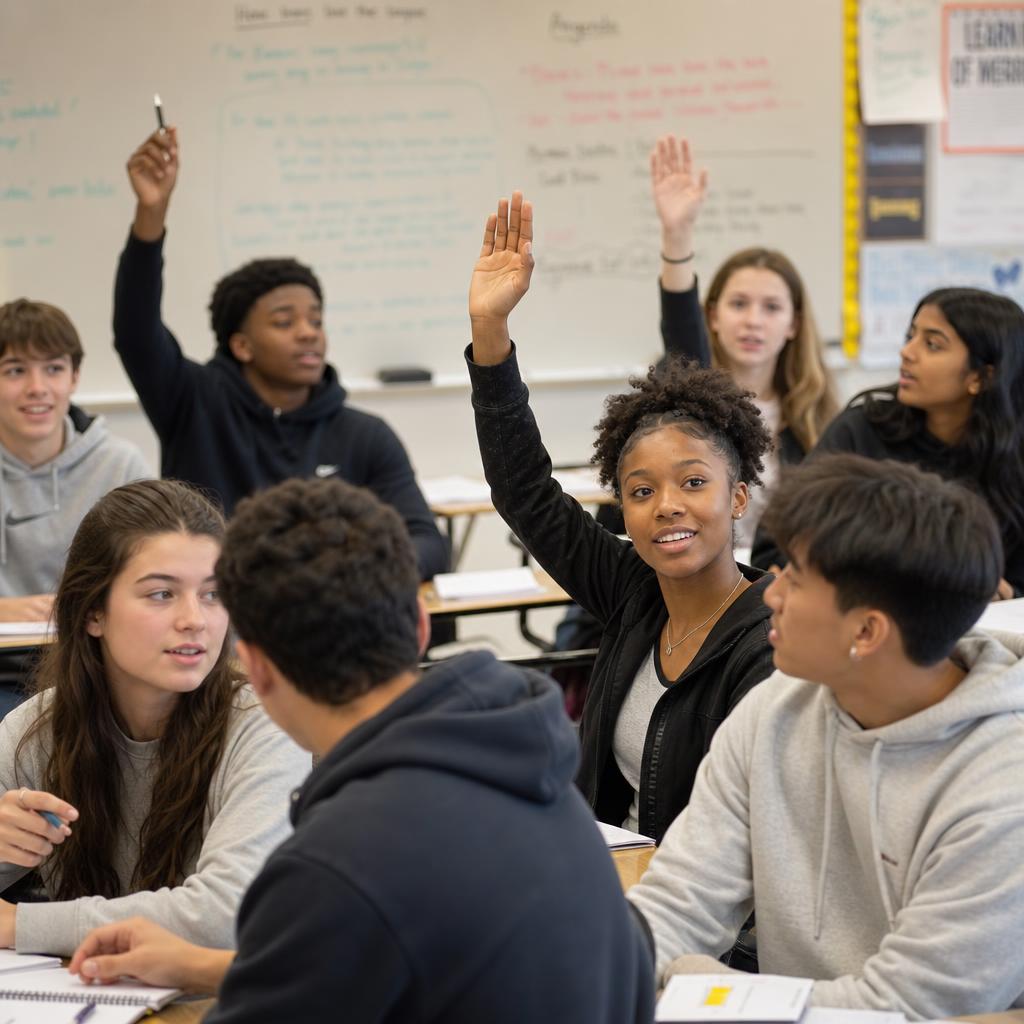 A high school classroom with nearly every student's hand raised